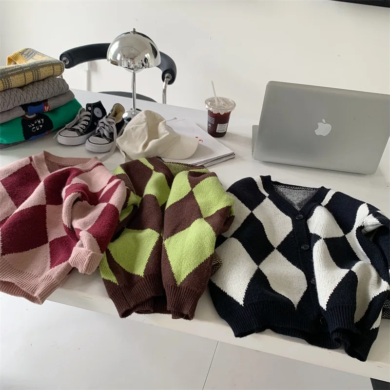 

Children's Top 2022 Autumn New Boys Girls Lingge Cardigan Coat Korean Knit Sweater Jacket