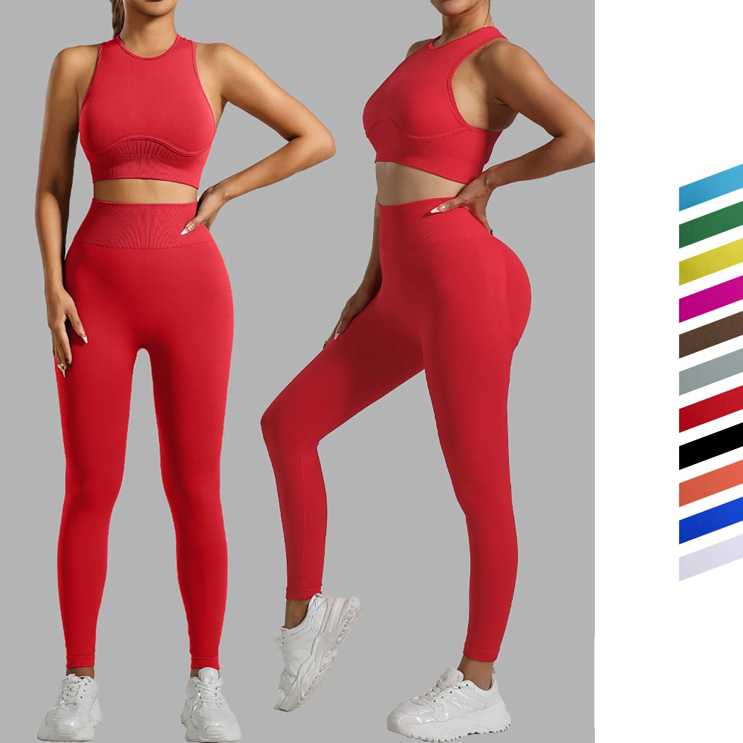 Фото Ribbed Workout Clothes for Women Yoga Set Fitness Gym Outifts 2 Pieces Vest Sport Suit Tracksuit Sport Leggings Set Active Wear №1