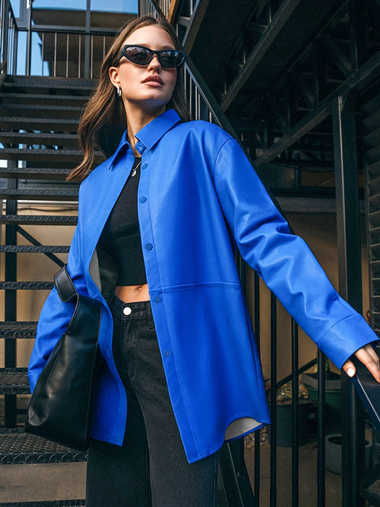 

2022 Autumn Winter Women Faux Leather Jacket Solid Long Sleeve Turn Down Collar Oversize Pu Coat For Women