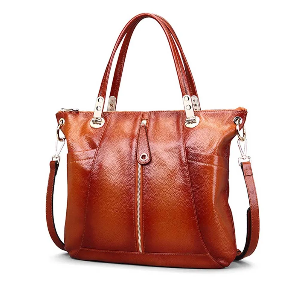 

Retro Brown Genuine Leather Tote Bag for Women Large Capacity Cowhide Shoulder Handbag Zipper Female Shopper Bag Purse 2021 New