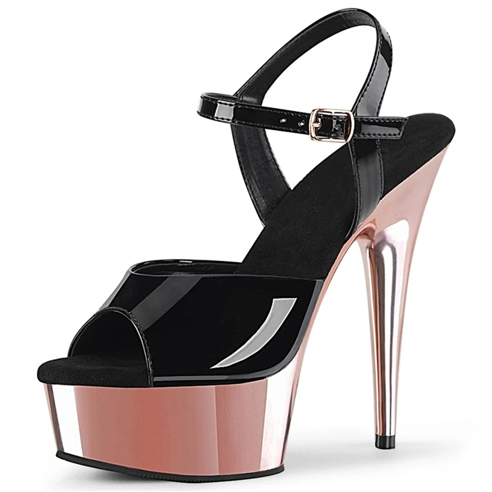 Фото Neo Gothic Heels 15 см — черные лакированные босоножки с прозрачным каблуком с цветочным принтом и широким ремешком на щиколотке, вечерние туфли №1