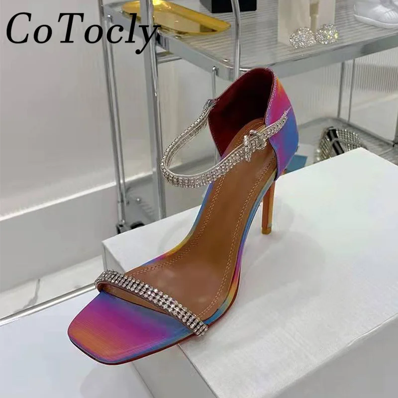 Rhinestone High Heels Sandals Woman Color Leather Ankle Strap Crystal Shoes Women Summer Heeled Runway Sandals Women Sandalias