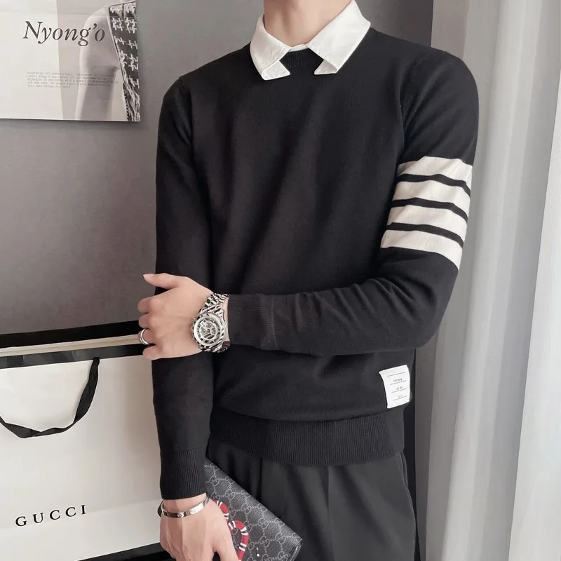 Трикотажная рубашка с длинным рукавом повседневный Полосатый пуловер круглым