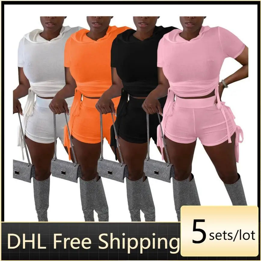 

Sport Suits Wholesale Set of Two Pieces for Women Solid Drawstring Strap Hooded Ladies Tracksuits Casual Women's Outfits 7253