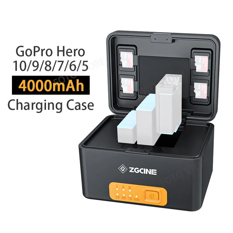

Чехол ZGCINE ZG G10 для зарядки аккумуляторов для Gopro Hero 10, 9, 8, 7, 6, 5, Внешний аккумулятор со встроенной батареей 10400 мАч, с хранилищем для карт памят...