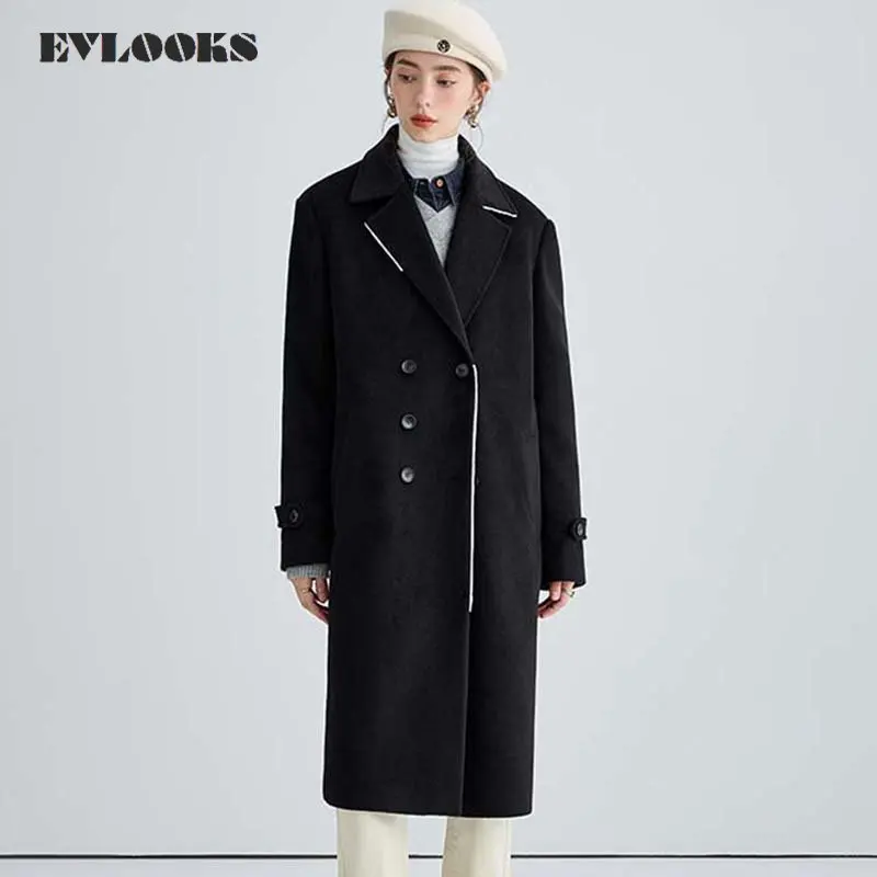 

2022 AW High Quality Double-breasted Black Long Thick Woollen Overcoat Wool Coat Windbreaker Traf Zar Femme Trench Coat Women