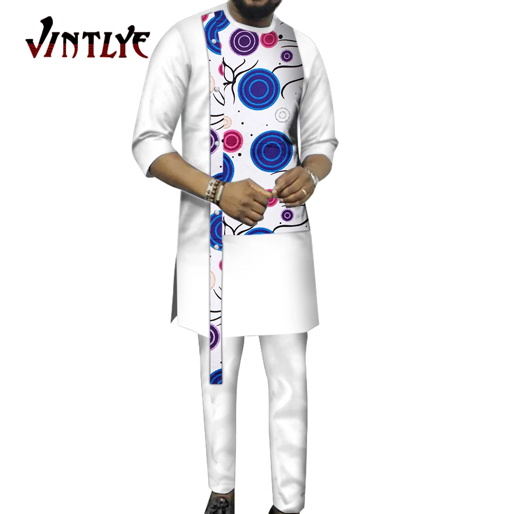 Bazin Riche African Clothes for Men 2 Pcs Set Hip Hop Long Sleeve Shirt and Pant Dashiki African Traditonal Men Outfit WYN1197