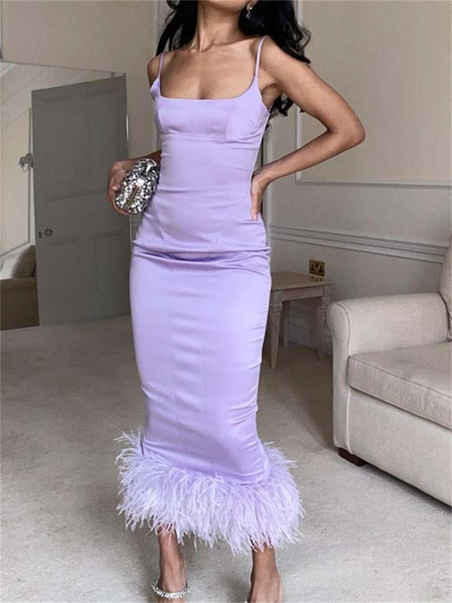 

wsevypo Purple Feathers Hem Satin Long Dress for Party Evening Women Elegant Spaghetti Straps Wrapped Dresses Gown Vestidos