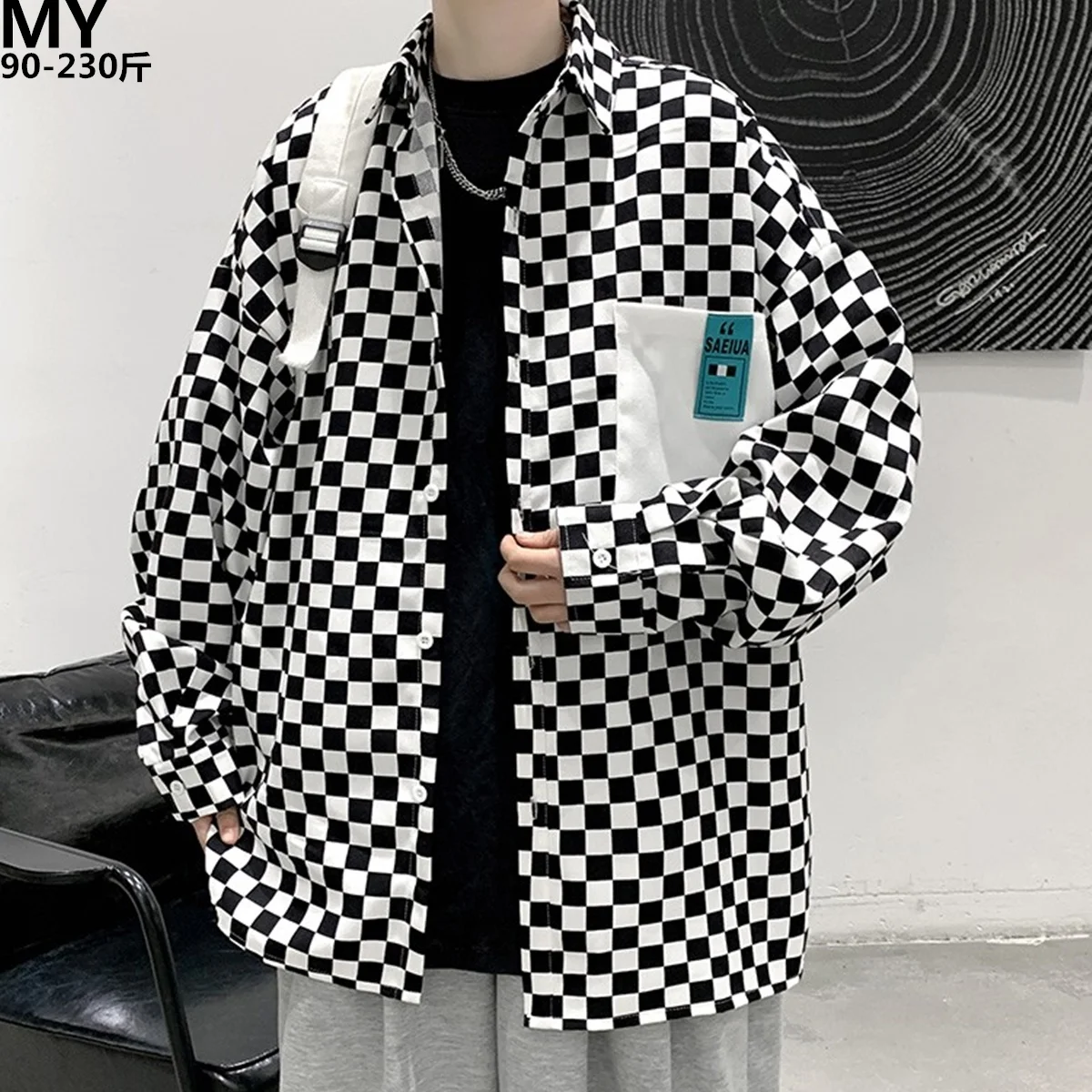 High street ins checkerboard long sleeved shirt men's spring clothes plus fat plus size trendy fat people loose casual coat