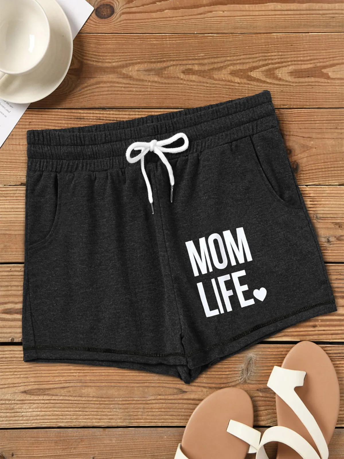 Women Casual Pocket Drawstring Shorts Dark Grey Elastic Waist Wide Leg Shorts Female Tracksuit Workout Bottoms Shorts Female