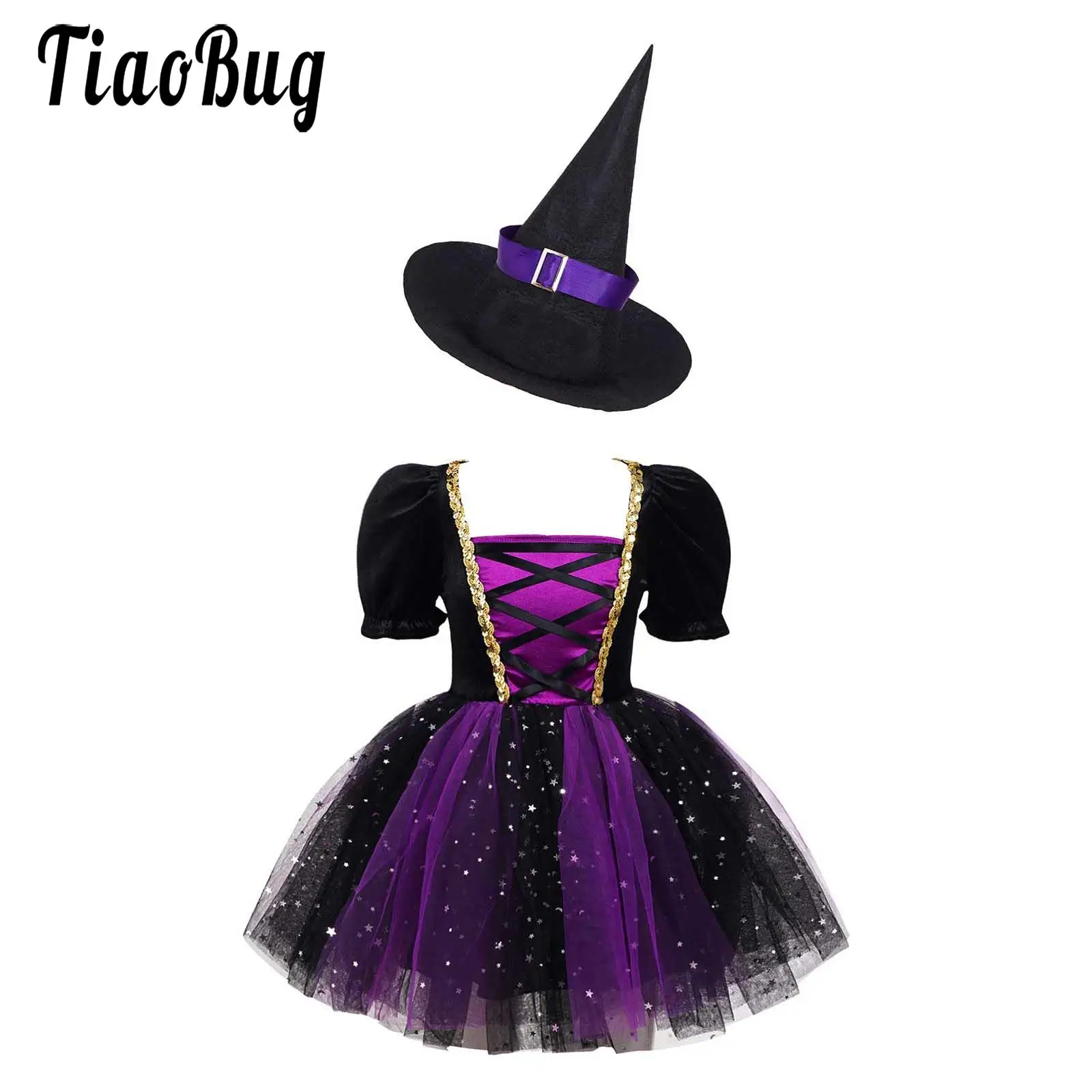 

Kids Girls Witch Costume Glittery Mesh Witch Dress with Pointed Hat Toddler Magician Fancy Dress Set Halloween Carnival Costumes