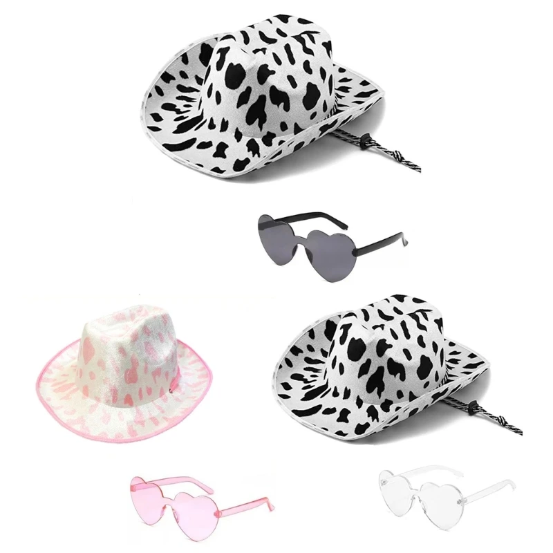 2pieces Cow Print Summer Cowgirl Hat with Heart Sunglasses Hat for Wedding