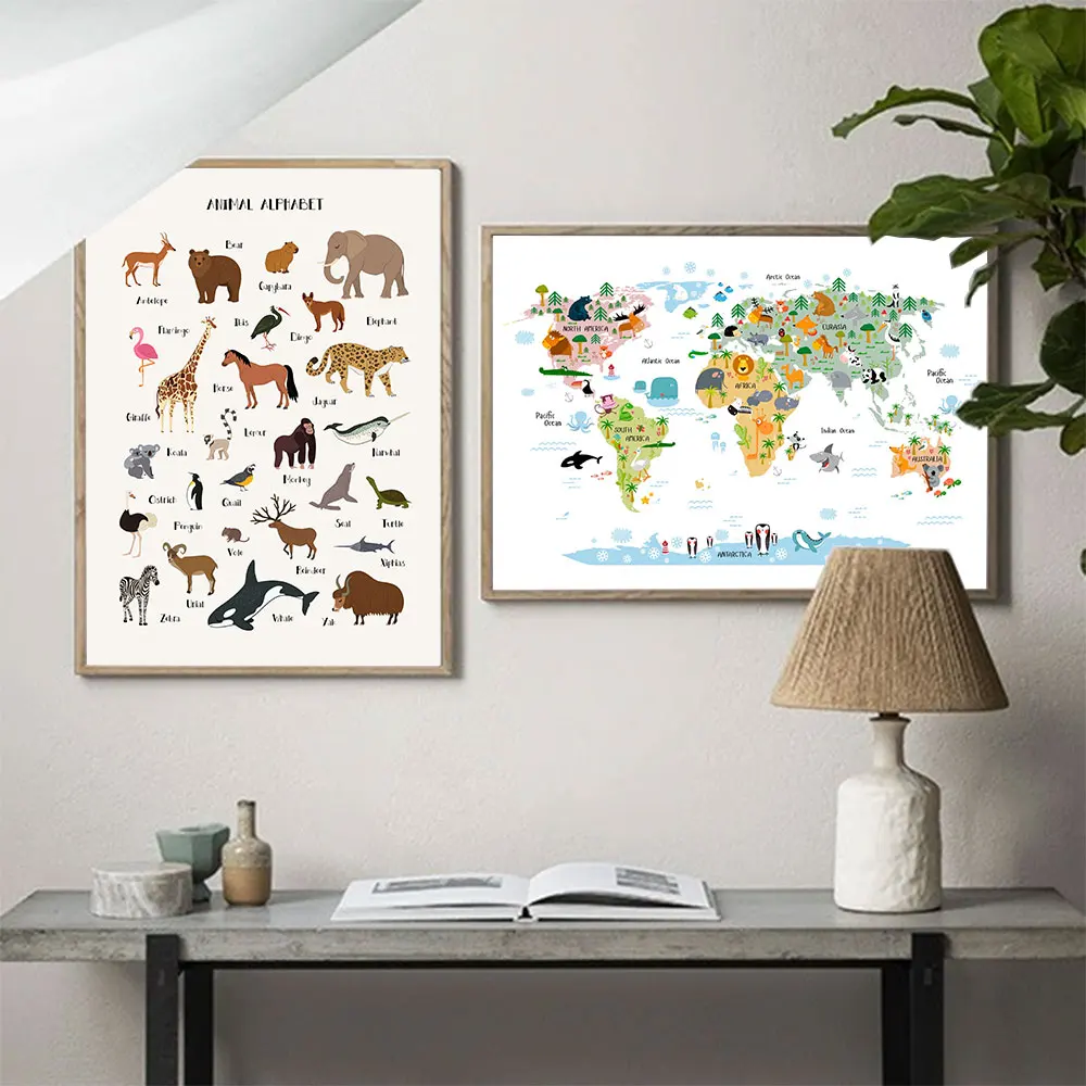 

Animal World Map Alphabet Poster Educational ABC Letter Canvas Painting Child Wall Art Print Picture for Kids Room Nursery Decor