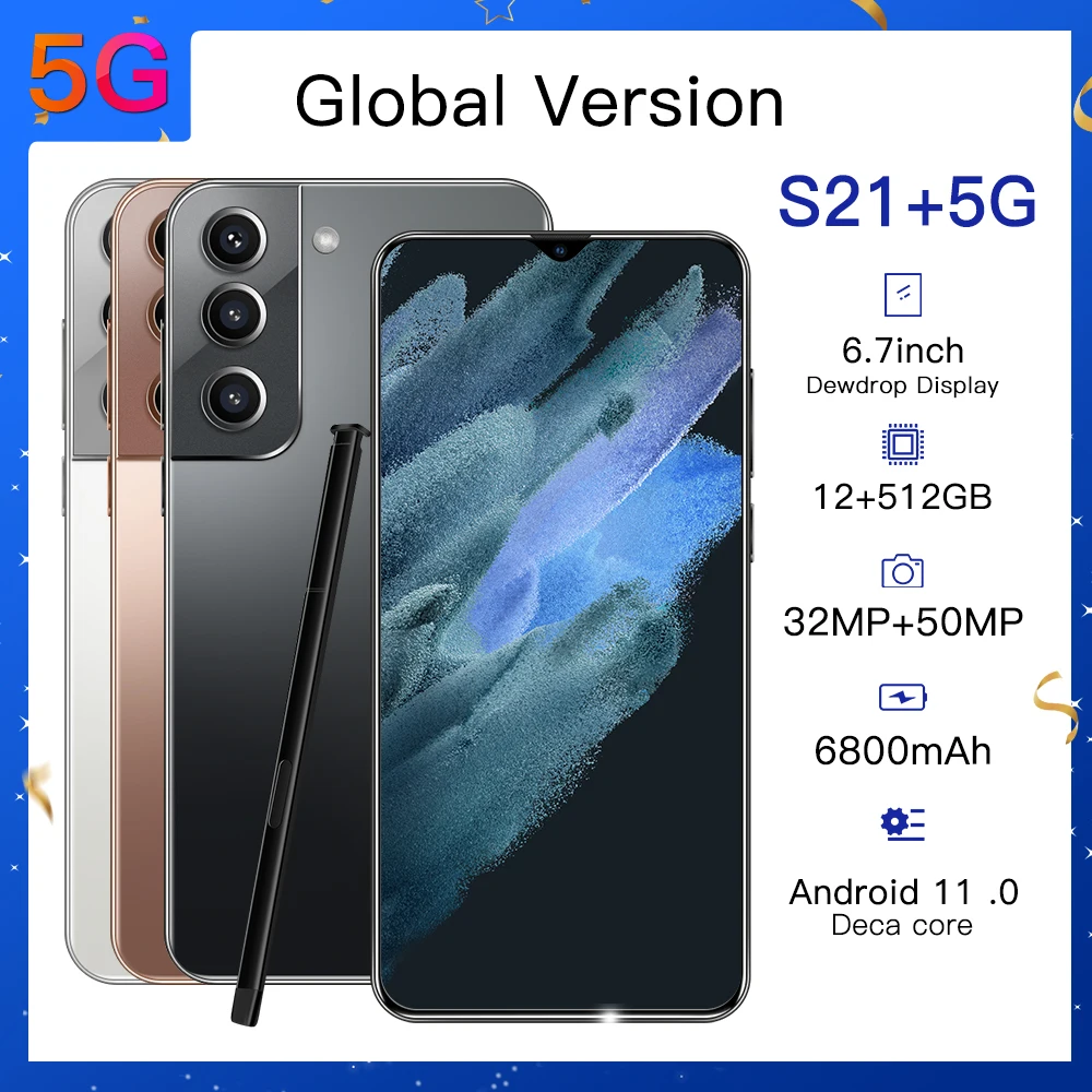 

2022 Hot Sale S21+ 6.7 Inch 1440*3200 12GB+512GB 32MP+50MP Andriod 11 Smartphones 6800mAh Qualcomm 888+ Face Unlock Cell Phone