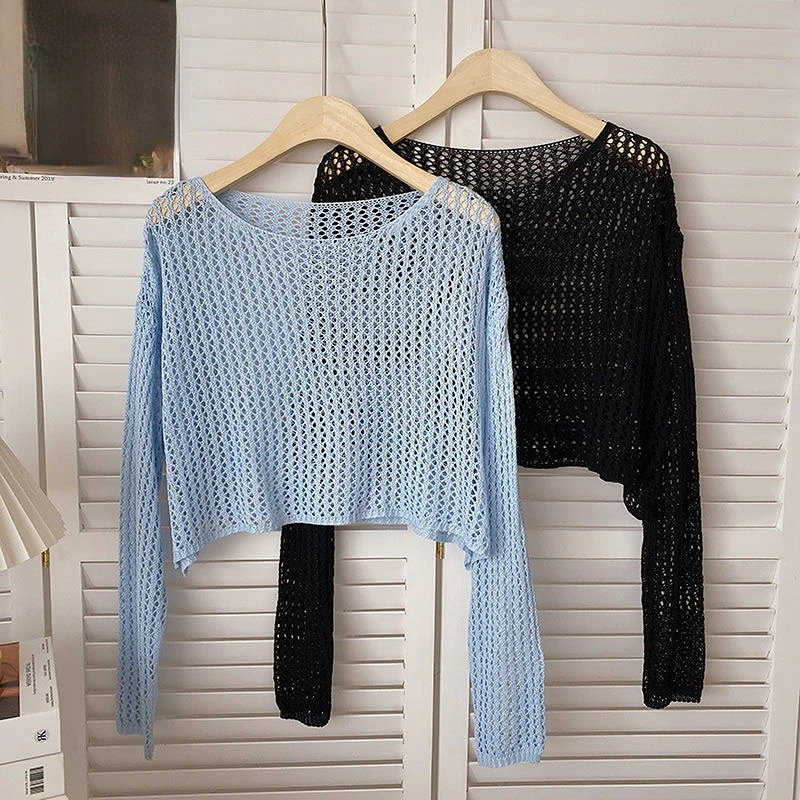 

Sexy hollow out and unique design Short Pullover Sunscreen Blouse Women's Summer Loose Versatile Solid T-Shirt Drop Shipping