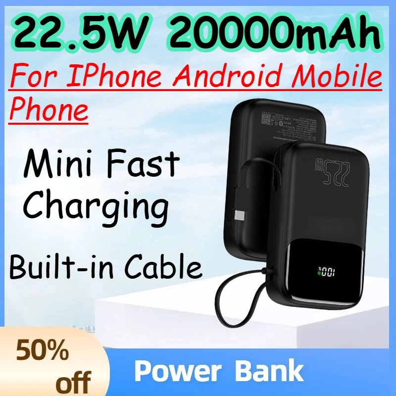 Фото Портативное зарядное устройство (Power Bank) 22.5W 20000mAh с большой емкостью и встроенным кабелем для iPhone и Android: мини-павербанк для быстрой зарядки №1