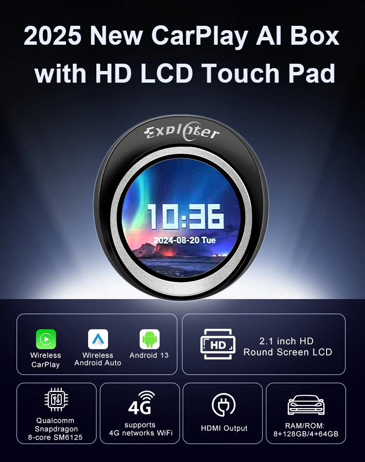 Фото EXPLOTER ApplePie Touch CarPlay AI Box для OEM-проводной Apple Carplay, 2,1-дюймовая HD-сенсорная панель, Android 13, Dual WiFi, 4G SIM-карта HDMI №2
