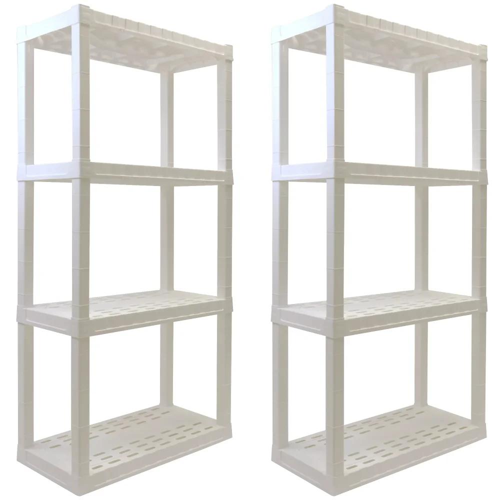 

56" H x 14" D x 30" W 4 Shelf Plastic Garage Shelves, Pack of 2 Storage Shelving, White 400 lbs Capacity