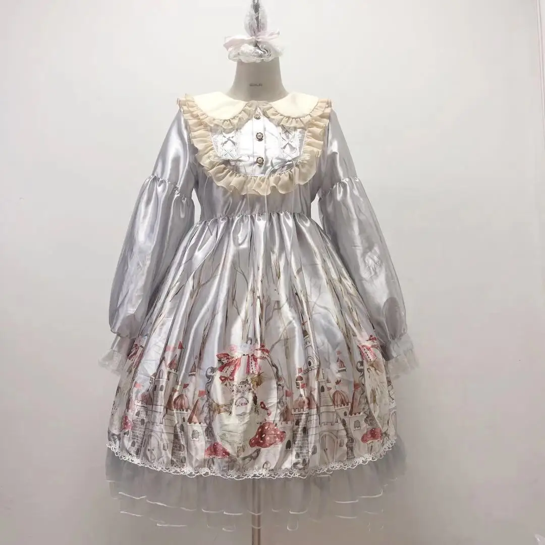 

Japanese Sweet Girly Party Dress Cute Lace Cartoon Printed Long Sleeve Lolita Dresses New Kawaii European Medieval Evening Dress