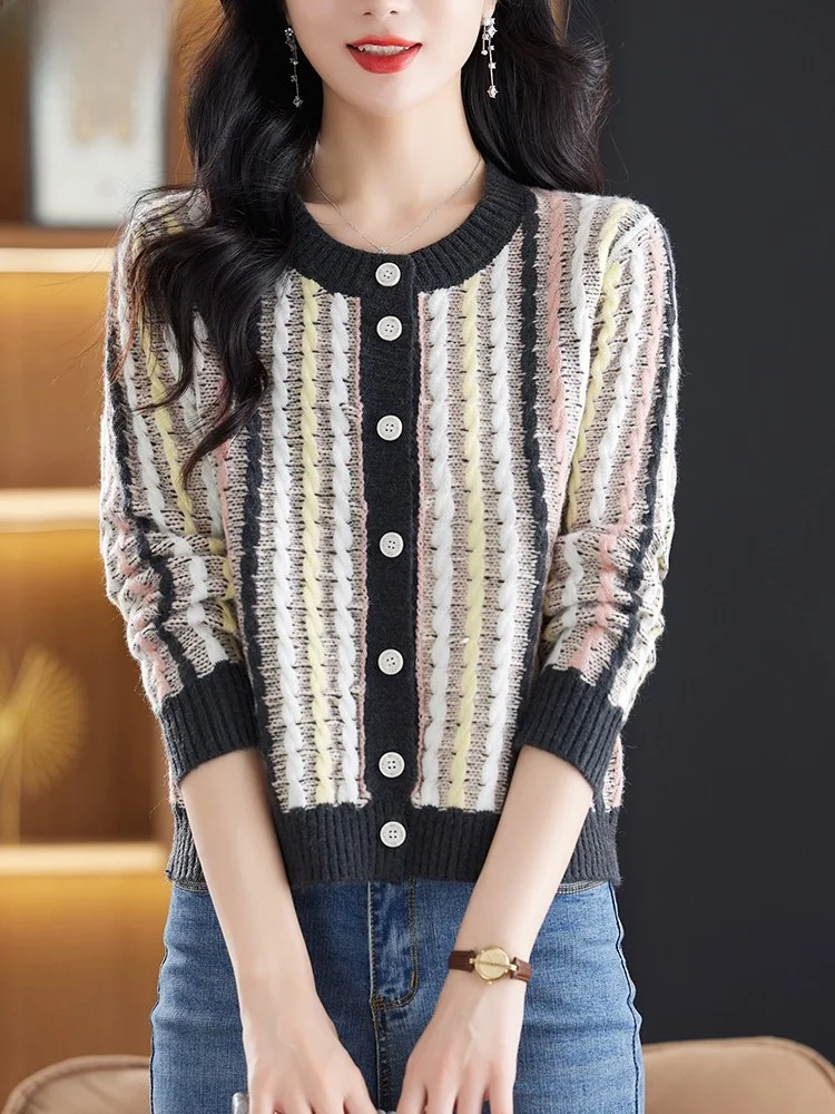 Hengyuanxiang флисовый кардиган женский короткий полосатый свитер верхняя одежда 2024