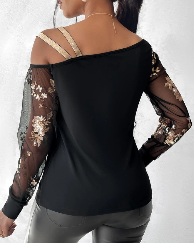 Блузка Женская Асимметричная с длинным рукавом элегантный топ сетчатыми