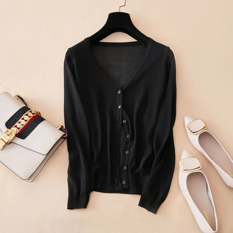 

Sunscreen Cardigan Women's Long Sleeves Female Hollow Thin Jacket Ladies Summer V-Neck Ice Silk Knitted Top Air Conditioning G93