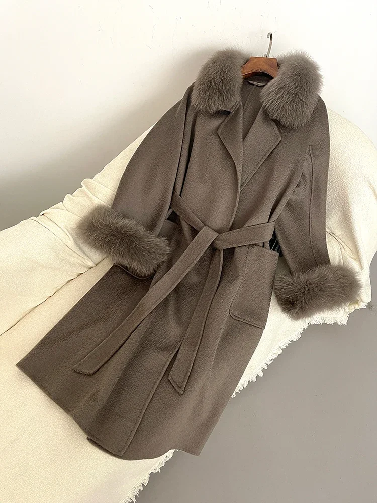 Женское шерстяное пальто с натуральным лисьим мехом элегантная свободная