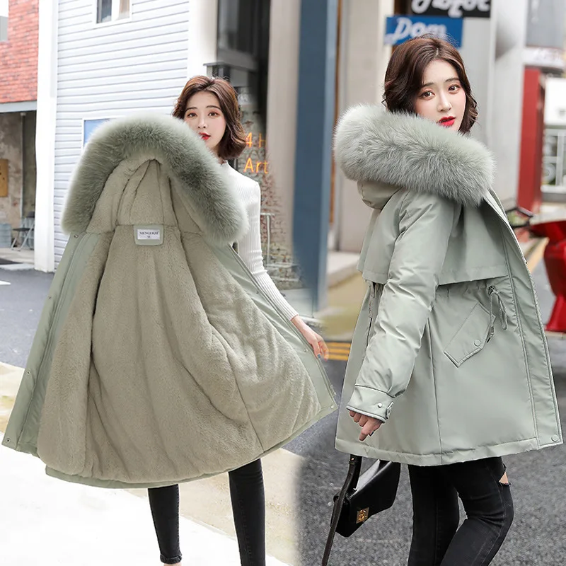 Fashion Waist Parker Cotton-padded Jacket Women's Hooded Wool Collar And Cashmere Thick Cotton-padded Jacket Windproof Slim Coat