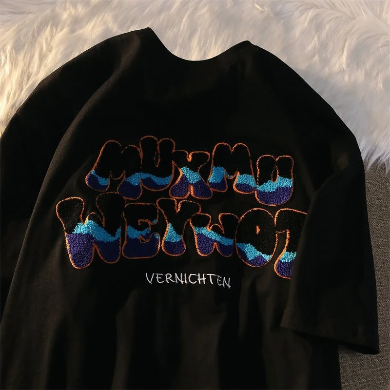 

Harajuku Flock Embroidery Dark Camouflage Letter Graphic T Shirts Streetwear Retro Men Women Loose Casual Tops Summer Plus Size