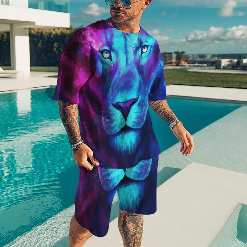 Summer Men's Short Sleeve Shorts Suit Men's Loose Casual Short-Sleeved Suit 3D Digital Lion Figure Printed T-shirt Suit