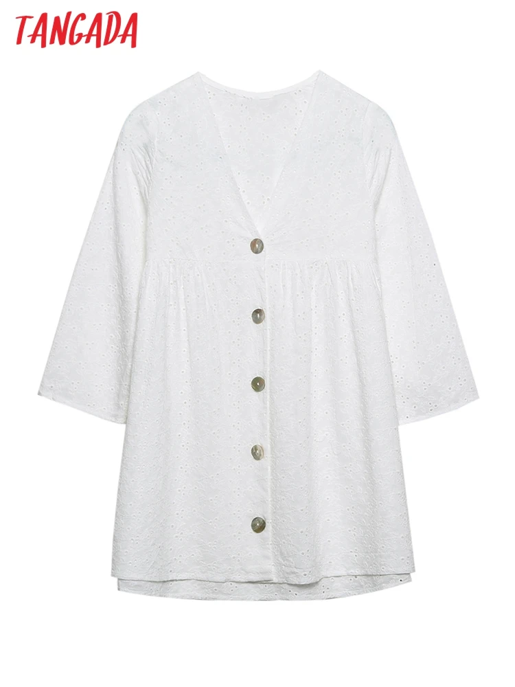 

Tangada Women Embroidery White Cotton Shirt V Neck Buttons Females Summer Long Blouse Tops 6H74