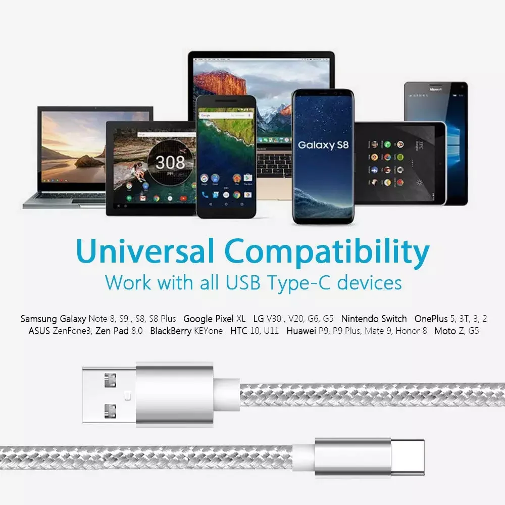

Type C Cable, Fast Charging Cord for Samsung Galaxy S9 S8 Note 8, Pixel, V30 G6 G5, Switch, 5 3T