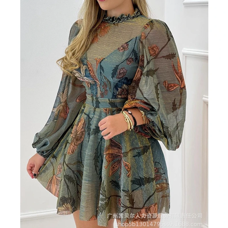 

Women's Dress Autumn Sexy Slim Fit High Waist Pleated Stitching Dress Women's Fashion Lantern Sleeve Round Neck Mini Dress