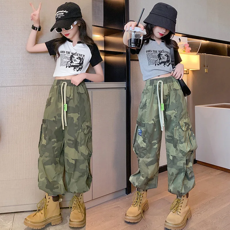 Girls Pants Summer 2023 Children Camouflage Pants Military Camo Trousers Teenage Hip Hop Pocket Vintage Streetwear 6 To 16 Years