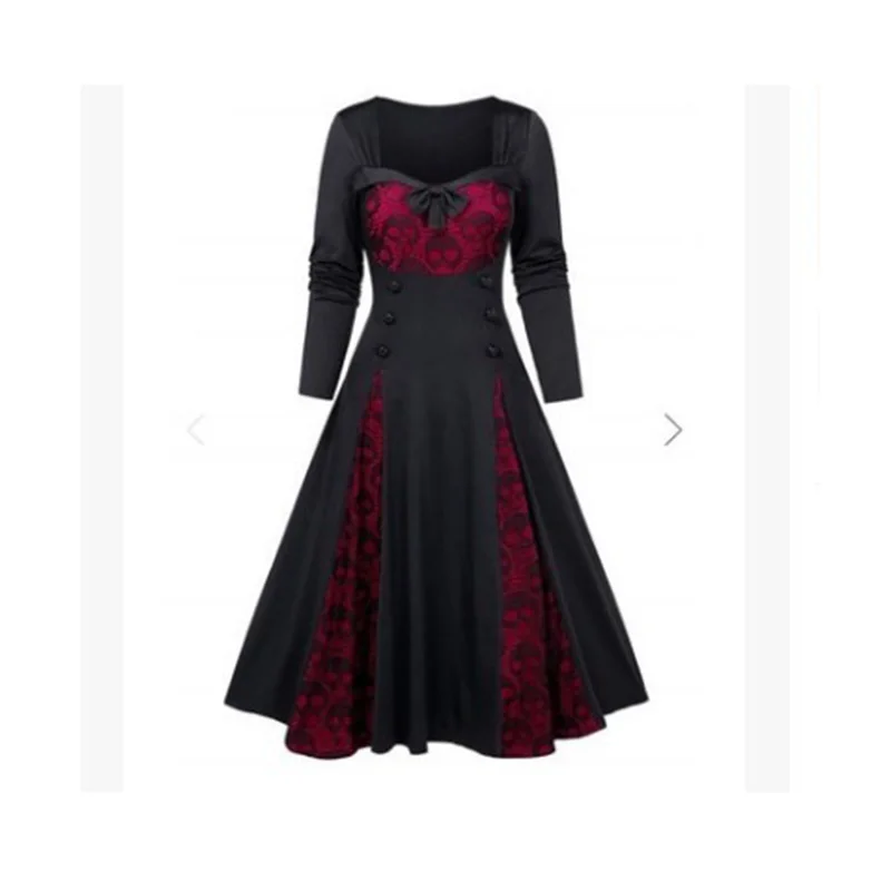 

Women Plus-Size Cosplay Halloween Solid Color Skull Lace Dress Halloween Costumes Splicing Long Sleeve Vintage Party Dress