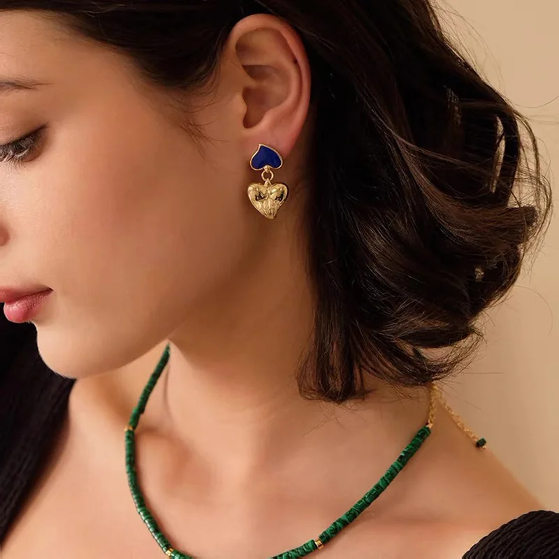 

Asymmetric EYE heart dangle earrings for women navy enamel drop earrings vintage jewelry party jewelry