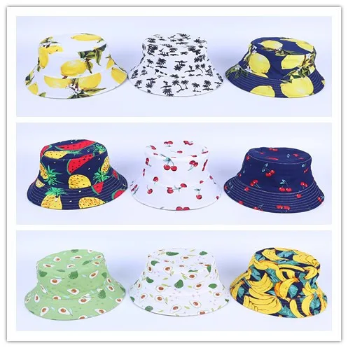 

Harajuku Fruit Print Bucket Hat Women UV-protection Beach Sun Fisherman Hat Unisex Men's Summer Cotton Panama Hip Hop Caps Bob