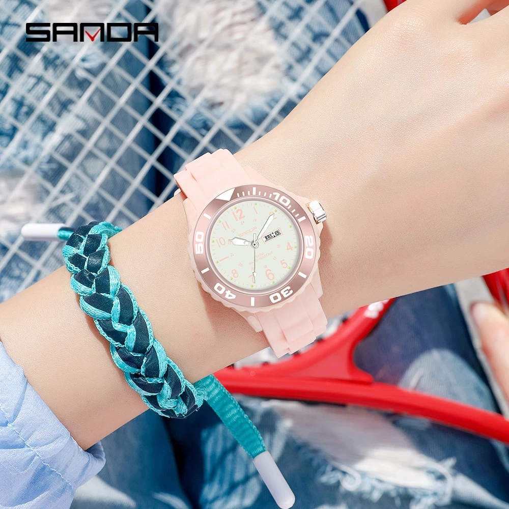 Fashion Sanda Top Brand 2023 New Ladies Wrist Watches Dress Blue Watch Women Silicone Strap Clock With Day Montre Femme 1053