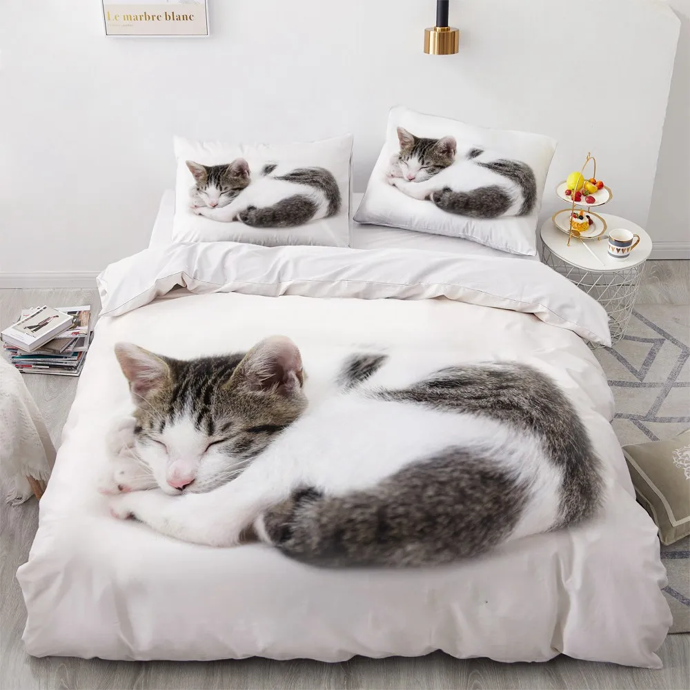 

3D Bedding Sets Gray Duvet Quilt Cover Set Comforter Bed Cute Pillowcase King Queen 135*200cm Size Dogs Pet Dog Cat Design