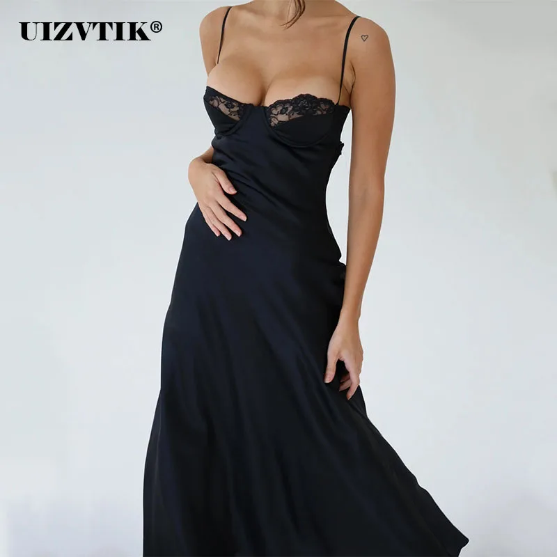 

Sexy Suspenders Low Cut Backless Midi Summer Dresses for Women 2022 Elegant Patchwork Lace Slim Evening Guest Long Party Vestido