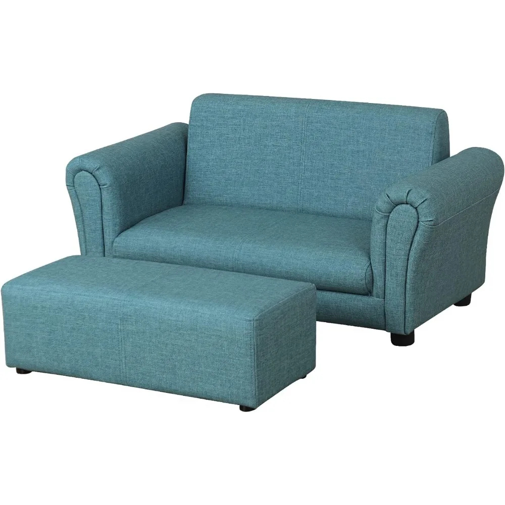 

Kids Sofa Couch/PVC Leather Toddler Couch with Children Armchair for Kids Under 4 Years Old/Double Kids Seat with Stool (Blue)