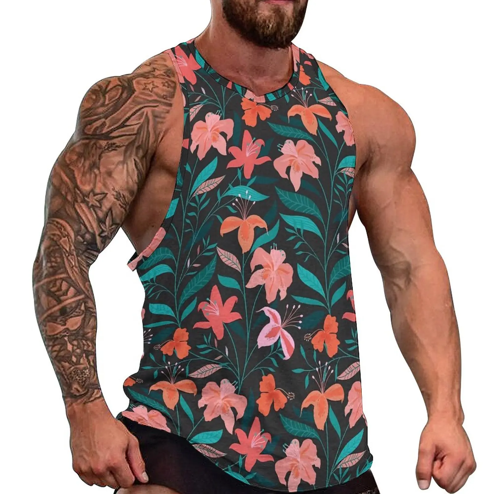 

Tropical Floral Print Tank Top Men Flame Flowers Bodybuilding Oversized Tops Summer Fashion Pattern Sleeveless Vests