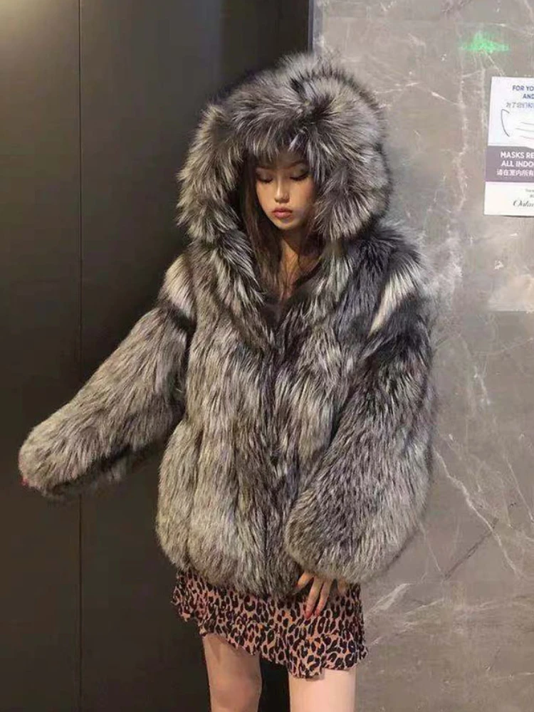 Fashion Long Sleeve Faux Fox Fur Hooded Coat Women 2022 Winter Elegant Ladies High Street Short Coats Casual Outwear