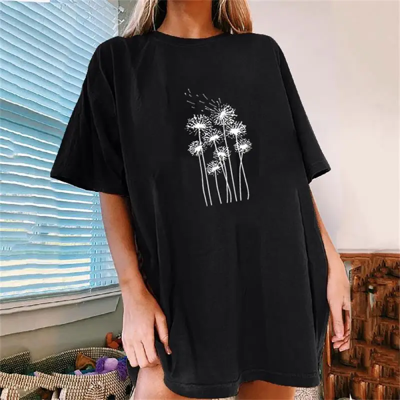 

Dandelion Print Ladies Short T-shirt Loose Casual Basis Round Collar Tee shirt Short Sleeve Women T-shirt Simpel Fashion