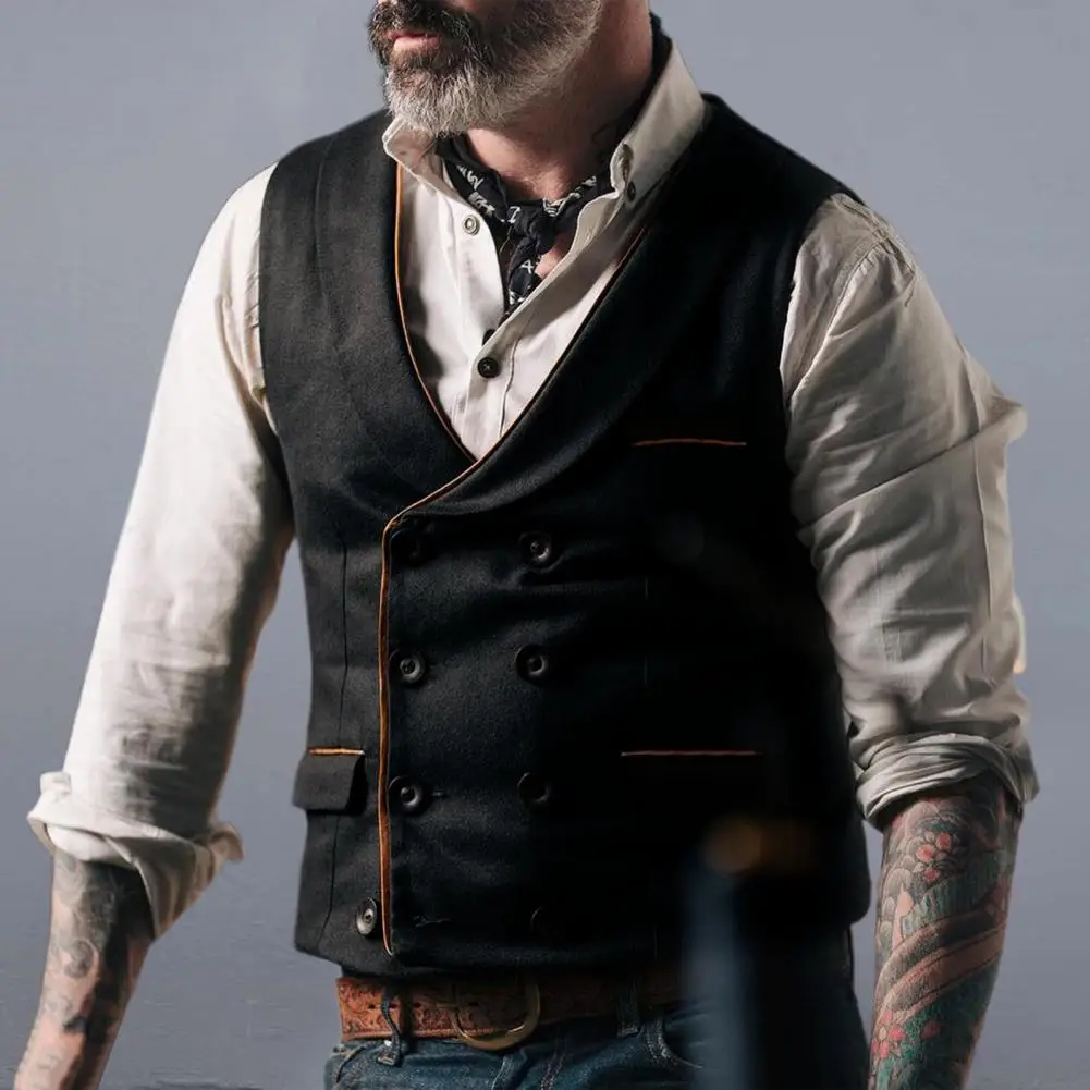 

Мужской жилет, двубортный мужской жилет с V-образным вырезом, простой двубортный жилет из искусственной кожи, винтажный жилет без рукавов на...