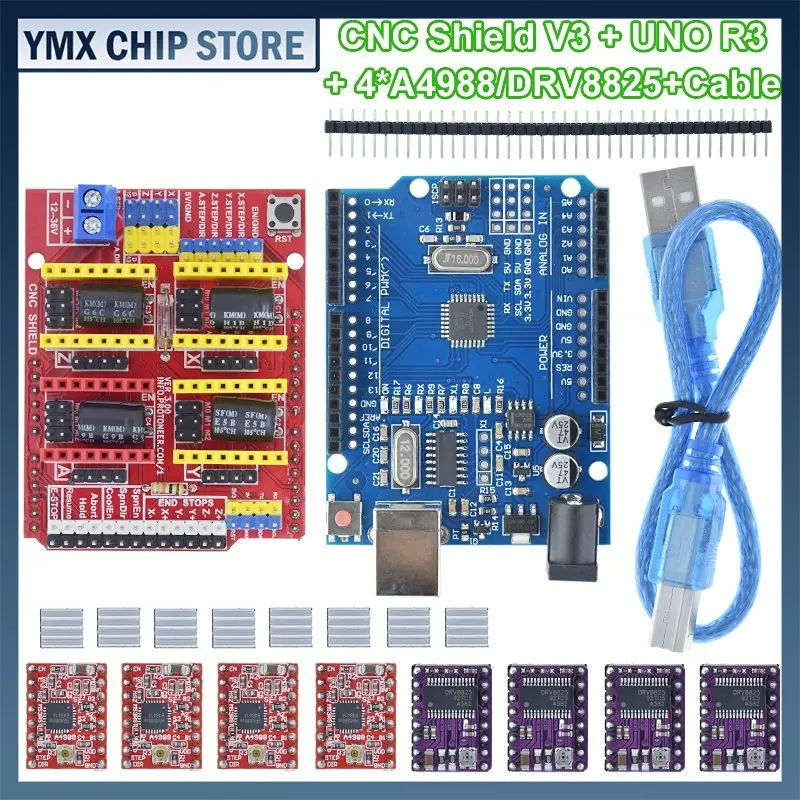 

ЧПУ щит V3 гравировальный станок 3D печать + 4 шт. DRV8825 или A4988 Плата расширения драйвера для Arduino + UNO R3 с USB-кабелем