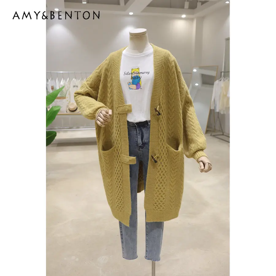 Thick Horn Button Knitted Coat for Ladies Autumn and Winter Loose Slimming Mid-Length Twist Thickened Sweater Coat for Women