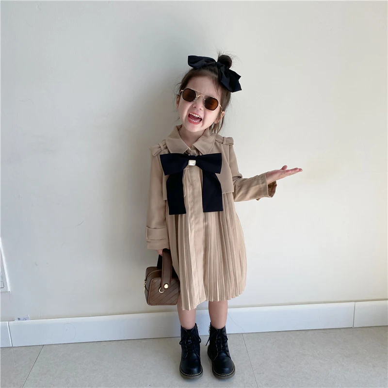 

Bow Girls Dress Long Sleeve Spring Pendulous Girls Dress Autumn Full Sleeve Solid Color Girl Clothes Retro Big Girl Clothes