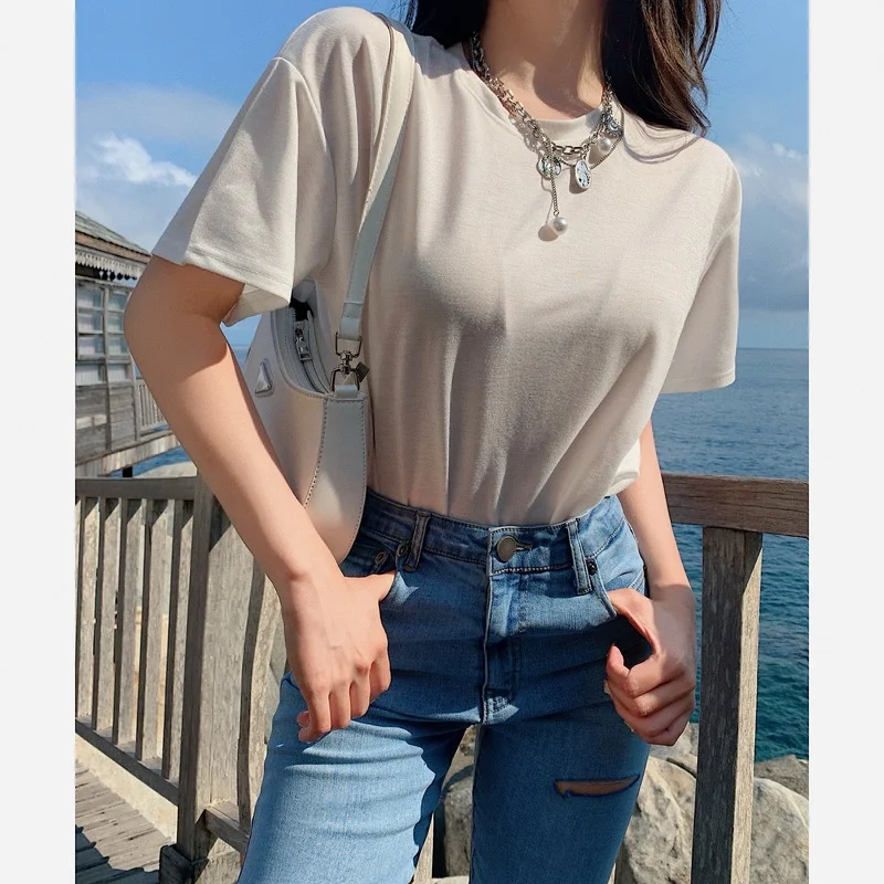 

Korean Fashion Summer Sexy Women T Shirts Pearls O Neck Short Sleeve Tee Tops Vintage Streetwear Shirt Hollow Out Backless Tops