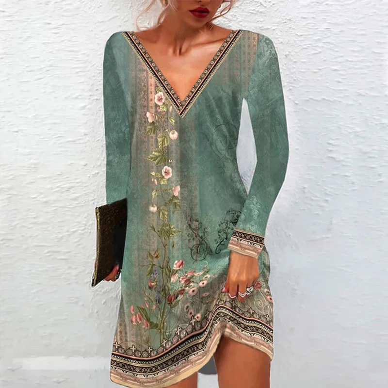 

Casual Loose Waist V-Neck A-line Dress Vintage Long Sleeve Flower Print Dress Spring Summer Bohemian Dress Women Vestidos 25967